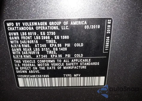 2019 Volkswagen Atlas 3.6L V6 Se W/Technology from USA, damaged, VIN 1V2UR2CA6KC551895